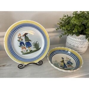 Henriot Quimper France Hand Painted Faience Breton Plate & Bowl‎ Set 2pc